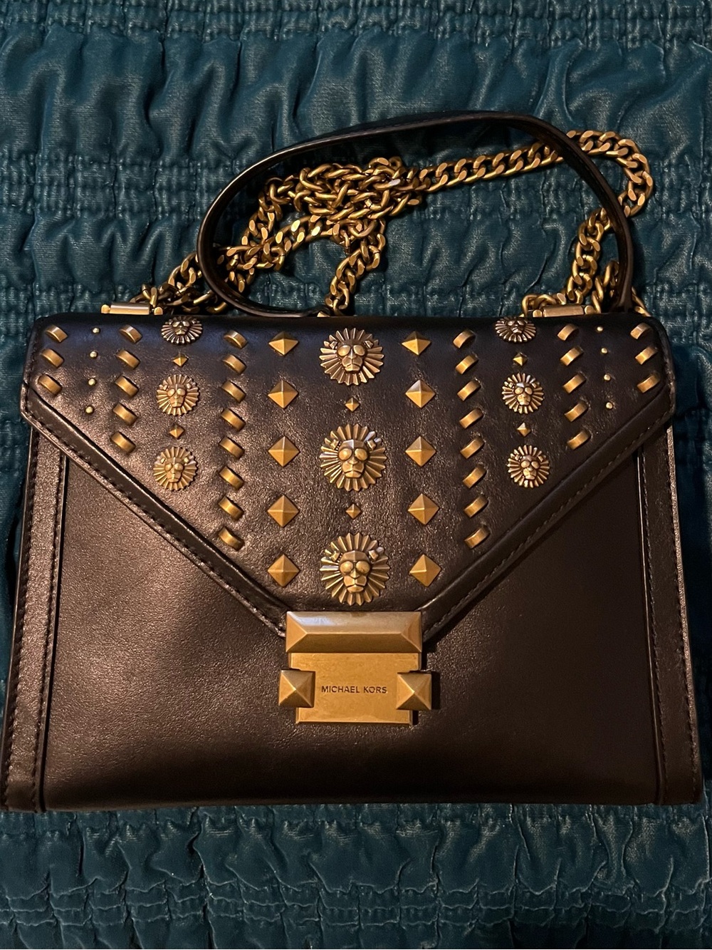 Michael Kors Black Leather Crossbody with Gold Stud Accents